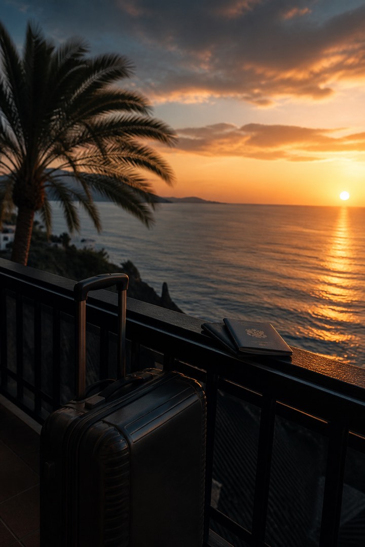 Vista al mar desde un balcón de hotel con maleta