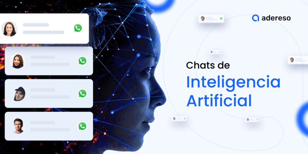 Gráfico promocional de chats de inteligencia artificial mostrando burbujas de chat de WhatsApp con fotos de perfil de usuarios y una representación de un perfil humano con redes neuronales, junto a la búsqueda de 'adereso' y el texto 'Chats de Inteligencia Artificial'