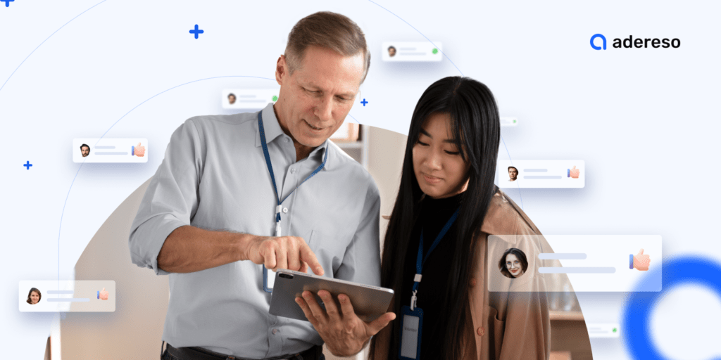 Dos profesionales revisan datos de retroalimentación del cliente en una tableta digital, con gráficos de interacción en primer plano y el logotipo de Adereso en la esquina superior derecha.